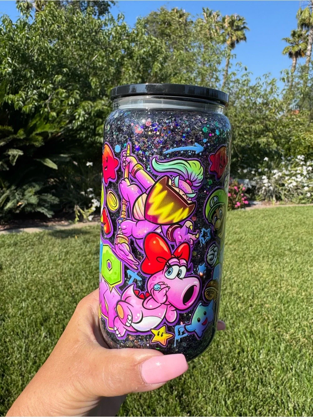 Mario Galaxy snow globe glass Tumbler 16oz